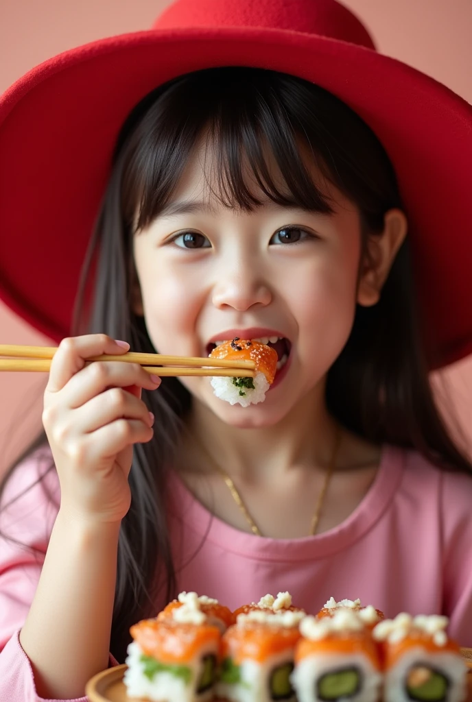 a beautiful young girl, 4k, ultra detailed, a stylish photo showing a girl hooliganely eating Japanese rolls, a girl dressed in a pink blouse, a bright red hat with a wide brim on her head, the photo was taken professionally, high detail