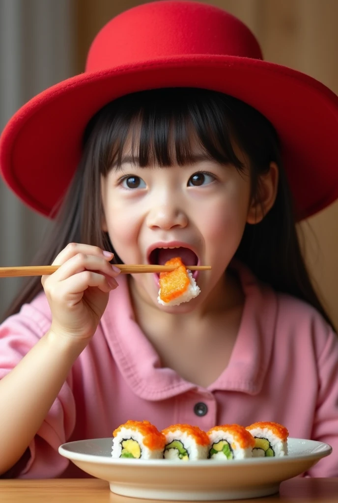 a beautiful young girl, 4k, ultra detailed, a stylish photo showing a girl hooliganely eating Japanese rolls, a girl dressed in a pink blouse, a bright red hat with a wide brim on her head, the photo was taken professionally, high detail