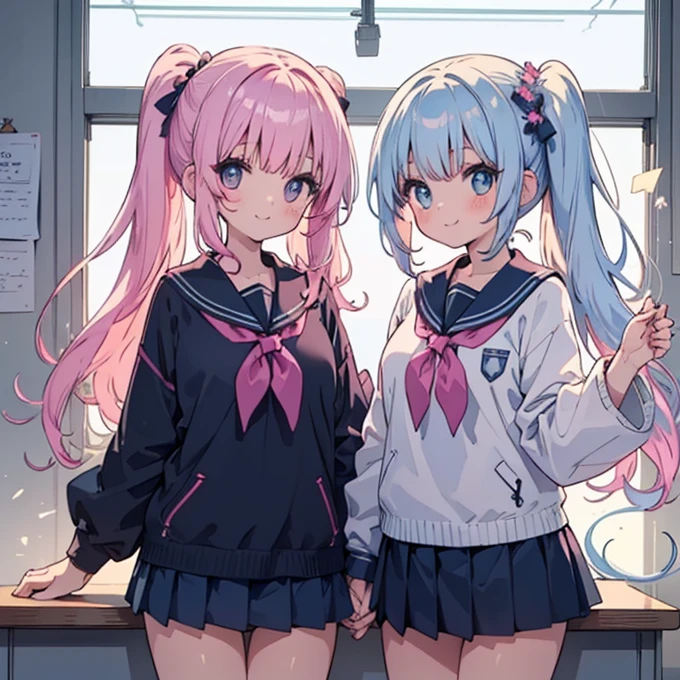 School classroom、High School Uniform、Japanese women、cute、1６Year、Ultra mini skirt、Beautiful thighs、
delicate、masterpiece、Highest quality、2 peopleの、2 peopleだけ、2 people、(((cute、Pink Hair、Long Hair、Twin tails，distinct eyes、haveは無し)))、(((cute、Silver Hair、Side Tail、High ponytail on the left、have)))、Flat Color、2 peopleとも正面を向いている、Sparkling eyes sketch(flying debris), (Highest quality), Very detailed, ((1 person)), Focus Only，dynamic，((smile))，Perfect Face, Beautiful Face, Very detailedな顔，Swimwear，Idle only，Gorgeous hair ornament,smile、Large Breasts、Holding hands