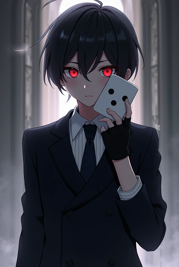 anime boy with short dark hair, pale skin and red eyes, a dark double-breasted suit over a pinstripe dress shirt. A thin dark tie is held tight around his neck. straight-toed shoes and dark fingerless gloves. a white domino half mask and the left side is dark. 

