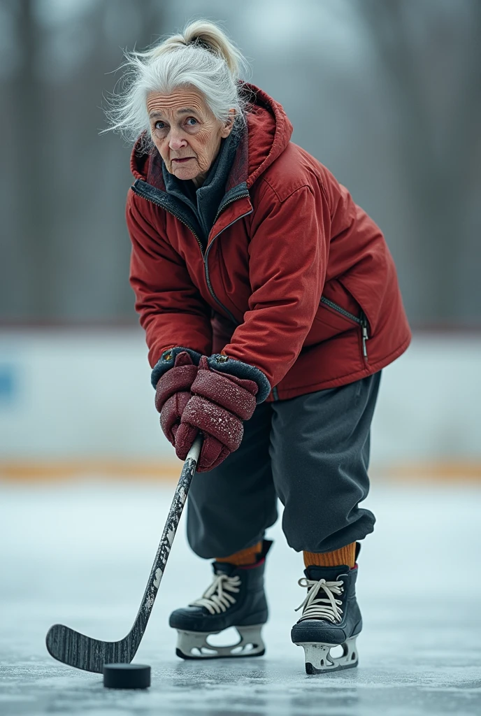 old woman playing hockey 