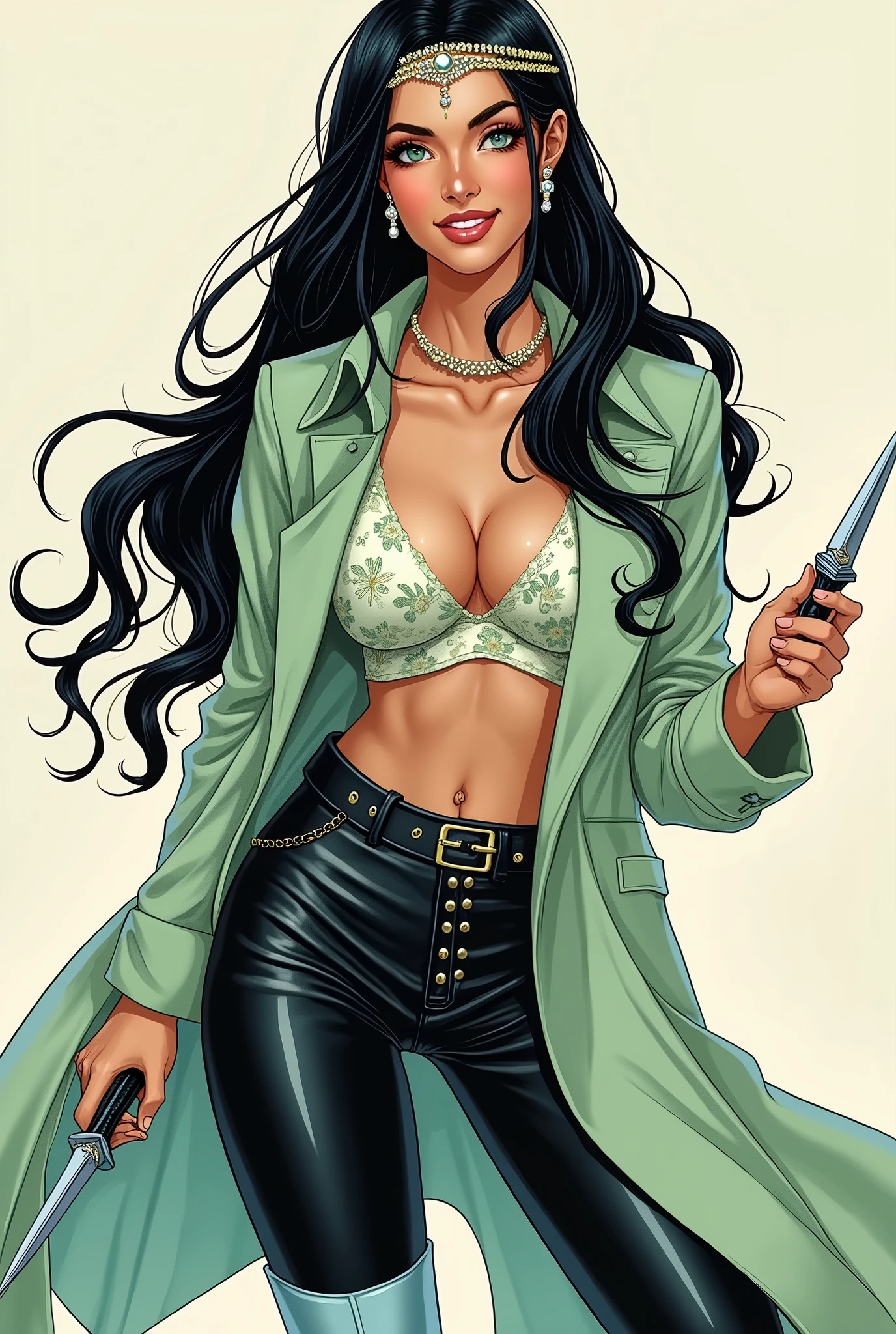 in the Human Comics style create a character, in the Human Comics style create a character, Jess is a girl with long black hair with golden highlights. She wears a tiara on her head and has light green eyes and a radiant smile, she radiates an aura of extreme beauty. She wears a light green floral coat and a blouse underneath with a low neckline on her breasts, she wears long light blue boots with a pointed toe, leather pants with small chains around them and long pearl earrings. She holds two small daggers in her hands