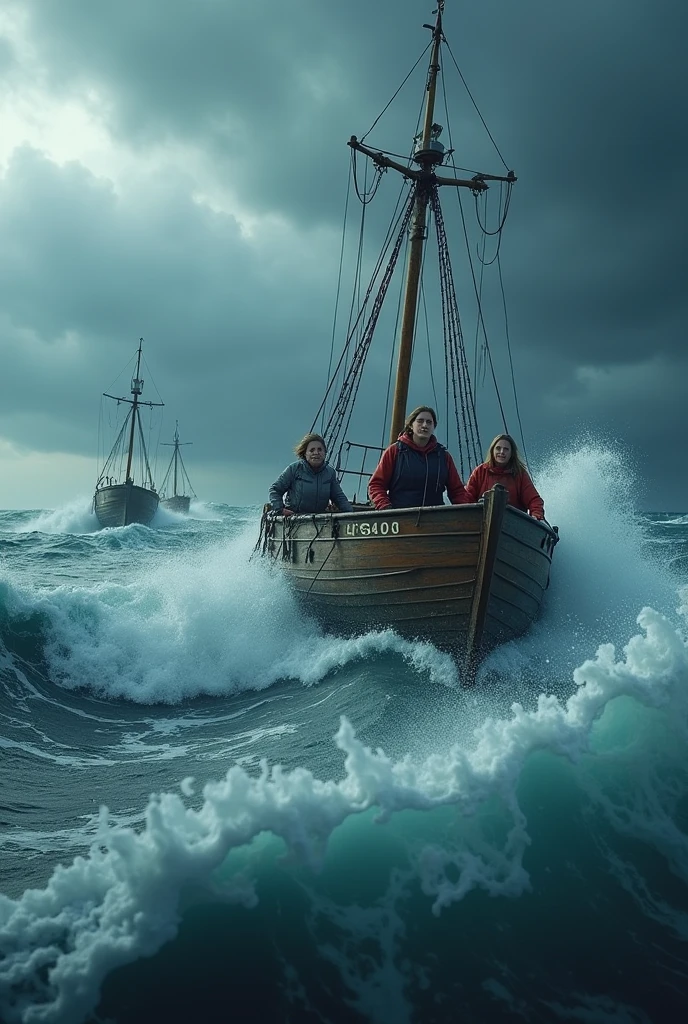 (Crab boat, Crab cutter, Stormy Sea Women Facial Features, Rough waves with women faces, raging storm, dramatic seascape, dramatic lighing, cold colors, atmospheric atmosphere, filmic, (best quality,4K,8k,highres,masterpiece:1.2),Ultra-detail,(realisti,photorealisti,photo-realisti:1.37),dramatic lighing,filmic composition,dramatic color palette,Epic proportions,Powerful waves,turbulent waters,gloomy sky,threatening clouds)