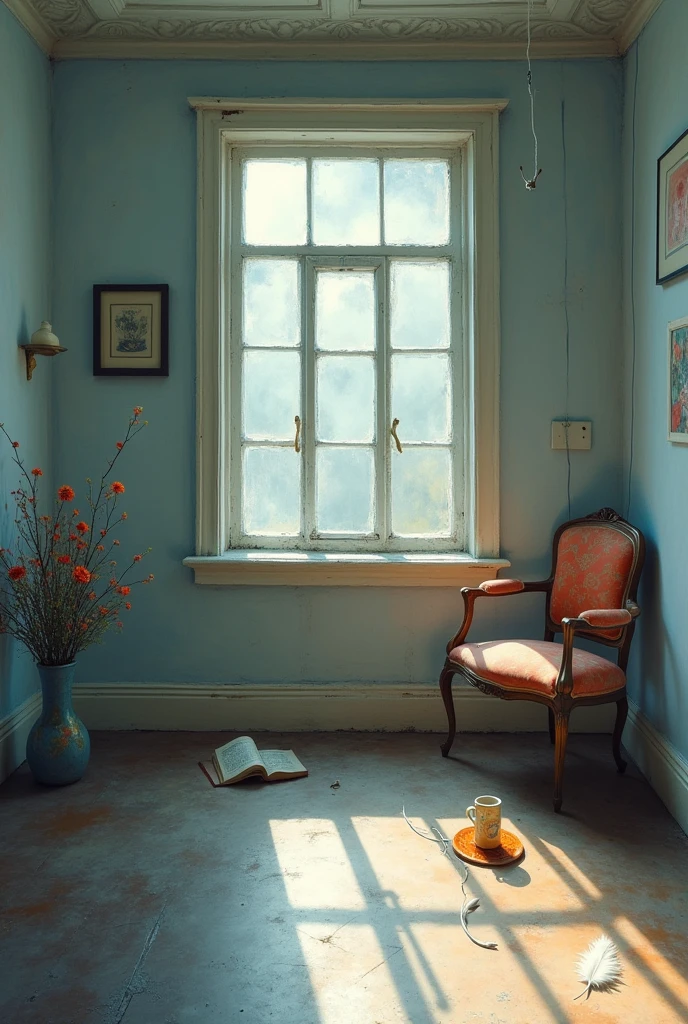 Can you create an album cover, I want it to be something melancholic and solitude And at the same time colorful and beautiful The name of the album is Empty room
