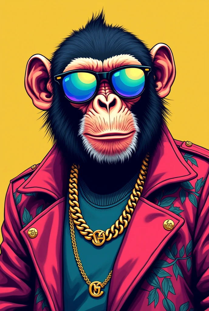 A lively and vibrant illustration of a stylish monkey wearing Oakley Juliet sunglasses, a shiny gold chain around its neck, and a sleek Gucci jacket. The colors are bold and saturated, with the sunglasses reflecting bright, vivid hues, and the gold chain gleaming with a radiant shine. The Gucci jacket is richly detailed with intricate patterns, and the monkey has a confident, playful expression. The overall design is dynamic and energetic, perfect for a statement-making t-shirt print