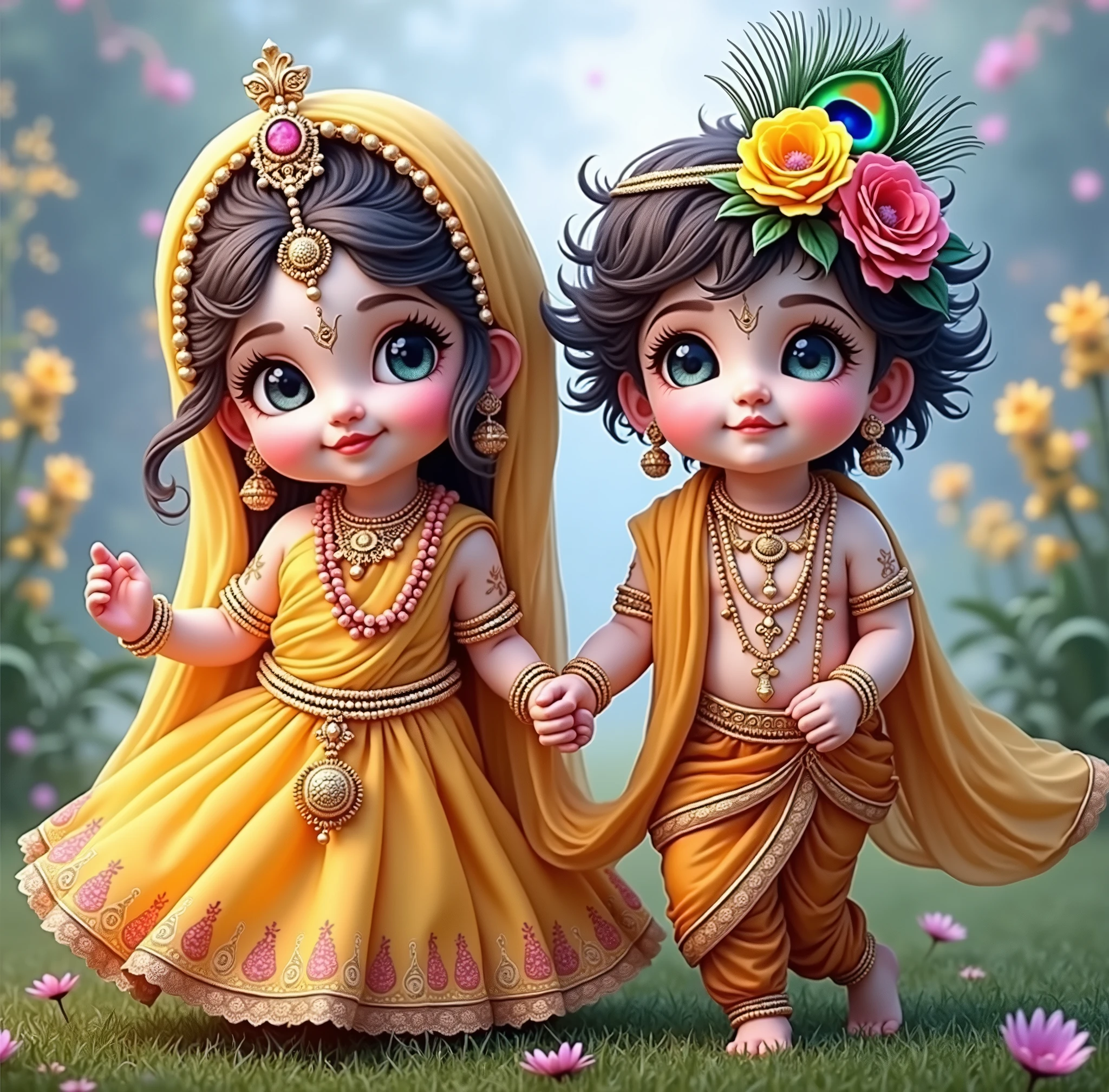 Generate images of cute Radha and Krishna as a child , feather of peacock tucked to the head