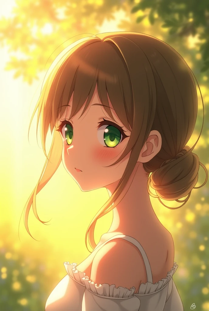 an anime girl posing in the sun with green eyes