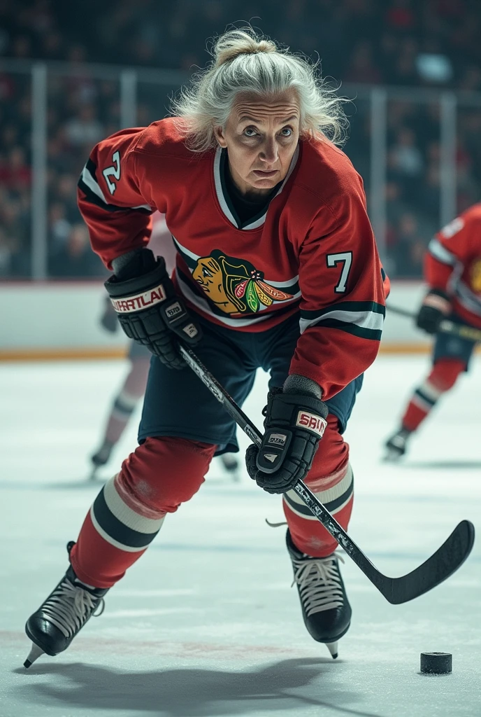 elderly woman playing hockey