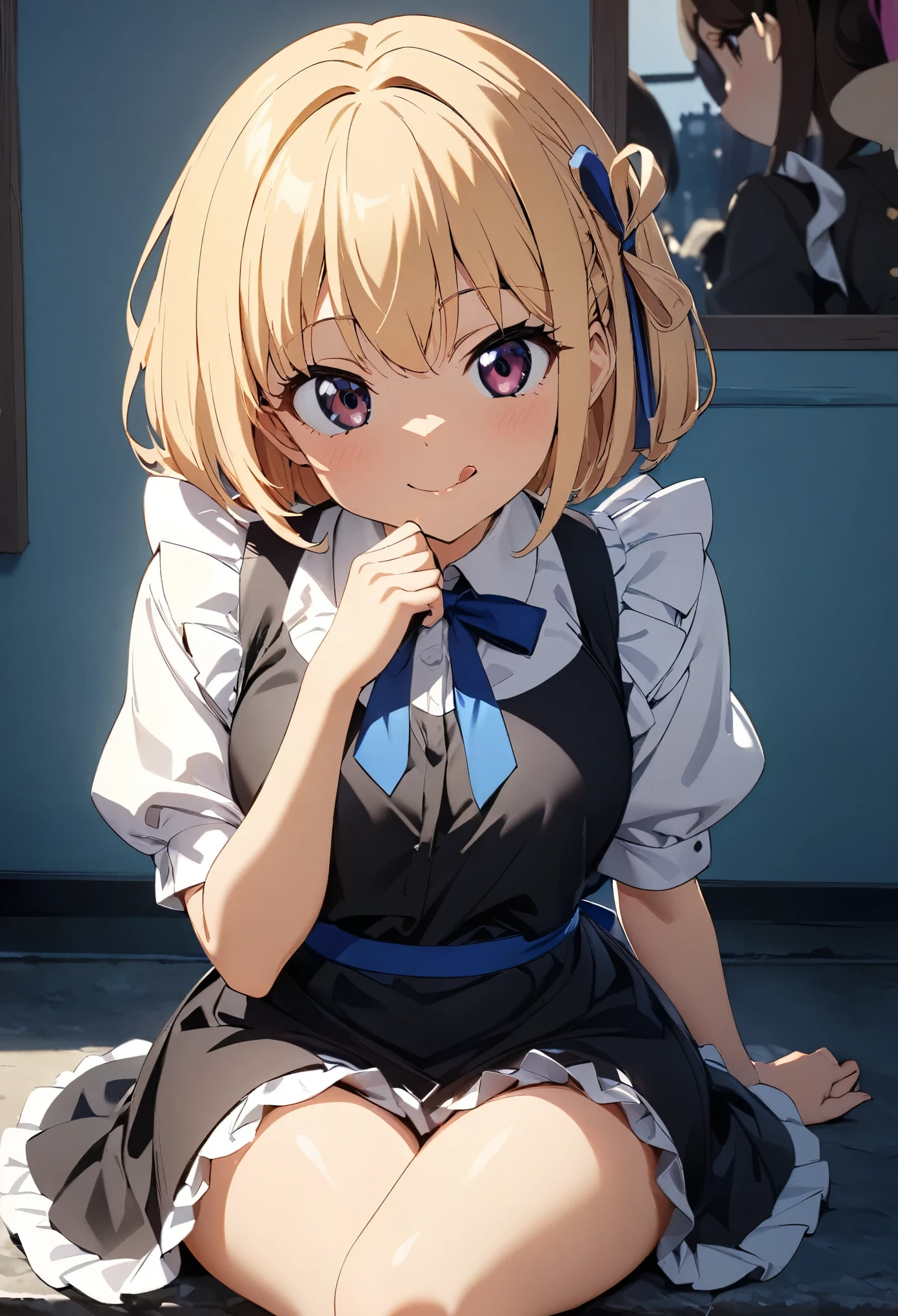 (Highest quality:1.2, 4K, 8k, Studio Anime, Very detailed, up to date, Vibrant, Attention to detail, High Contrast, masterpiece:1.2, Highest quality, Best aesthetics), (((1 person))), Sitting, maid, maid服, Blue Ribbon, Frills, Lick:1.2, smile, Popsicles, 舌を出してLick, Cute people, Get closer, Friendly atmosphere, Fun and youthful々Shii々Cool vibe, Accuracy and concentration, Striking contrast,