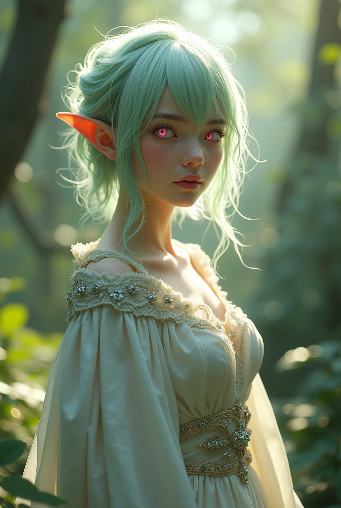 A white elf, short haired and light green, with pink eyes, and wearing medieval clothes