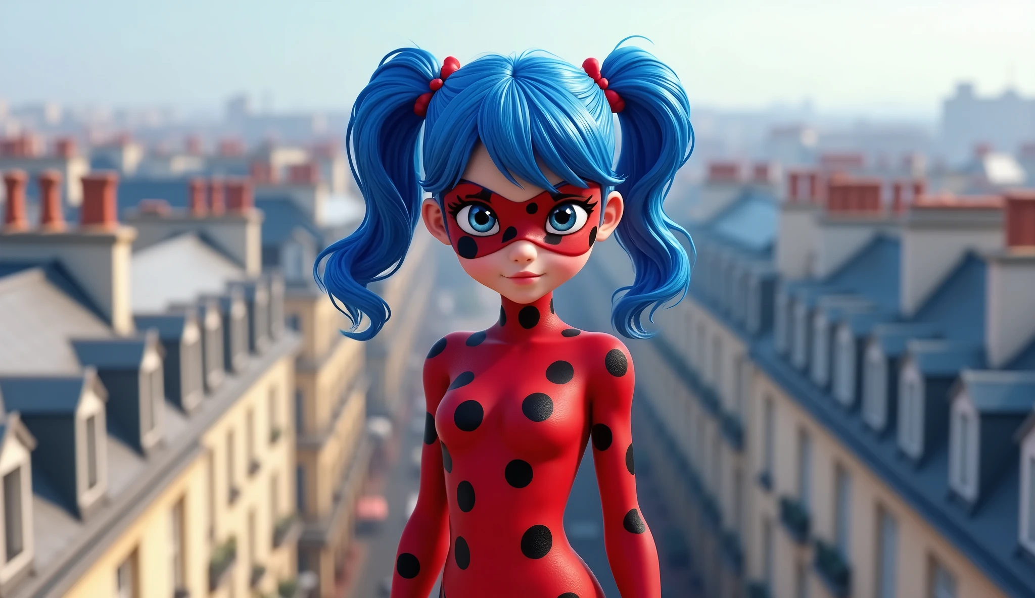 Ladybug (Marinette),teenage girl,blue_hair_color, pigtails_hairstyle,blue_eyes,wearing her red and black-spotted superhero suit, stands alone, in paris city,The rooftops around her should be typical Parisian buildings,3d_animation,disney_inspiration,high quality 