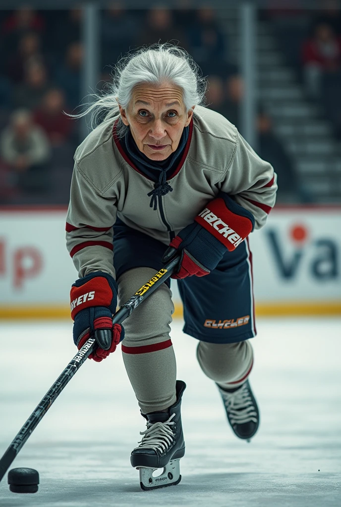 elderly woman playing hockey