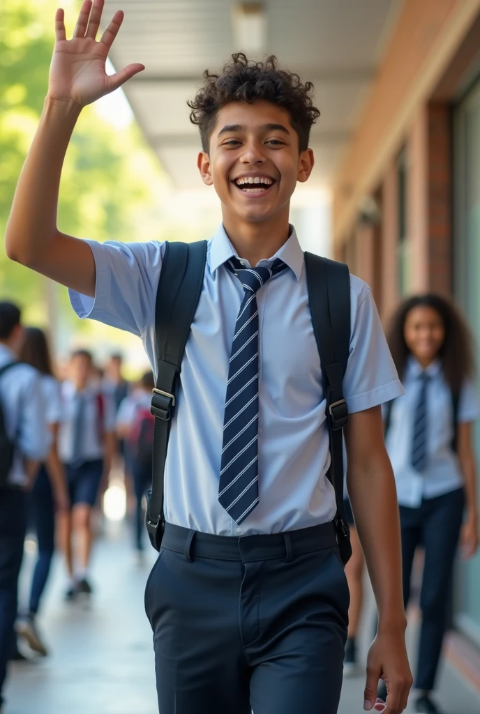 ager man at school in uniform waving