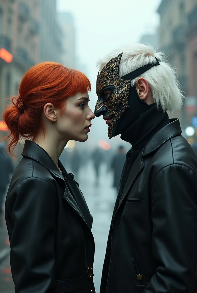 redheaded woman is a woman with white hair,with masks on their faces,the two of them on a Friday morning in the middle of the street,the night full body 