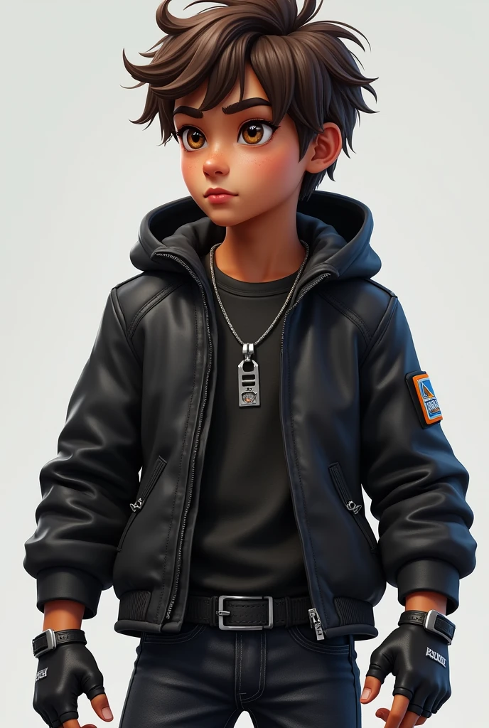Fortnite skin, mexican boy, brown hair, brown eyes
black jacket, jeans, black gloves, head facing on side,