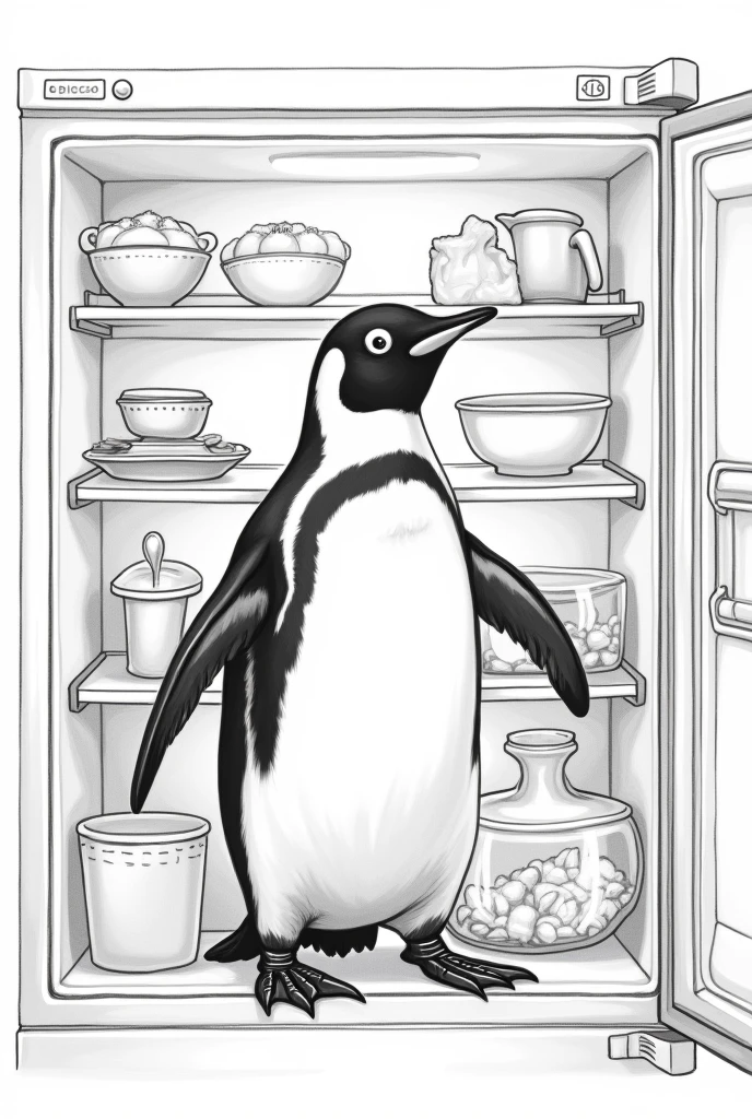 generates a drawing where a penguin is inside a refrigerator easy to draw in black and white more realistic 