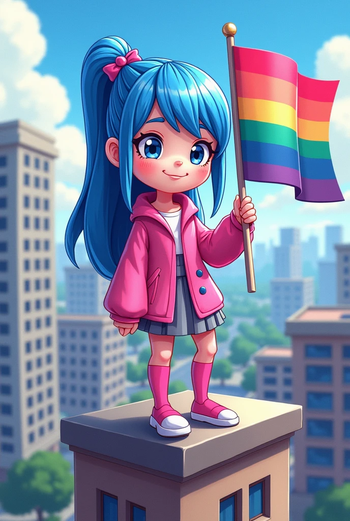 create a full body one the hair is long and tied up the color blue and pink highlights it is an emo outfit it is a pink sauto she will use red makeup it is a black look (create it in a cartoon style) She is on top of a building, she is holding a pansexual flag, she is wearing a short gray skirt and pink tights
