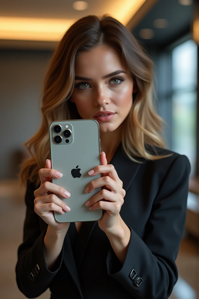 Femme biseness sexy pour présenter un iphone 13 haute qualité réaliste