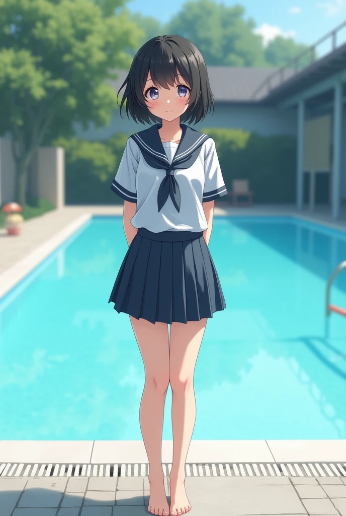 Standing by the empty school pool、 girls、Black short hair、Army summer uniform、Shaved pussy、barefoot、cute、smile、Full body portrait