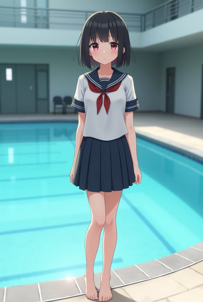 Standing by the empty school pool、middle School girls、Black short hair、Army summer uniform、Shaved pussy、barefoot、cute、smile、Full body portrait