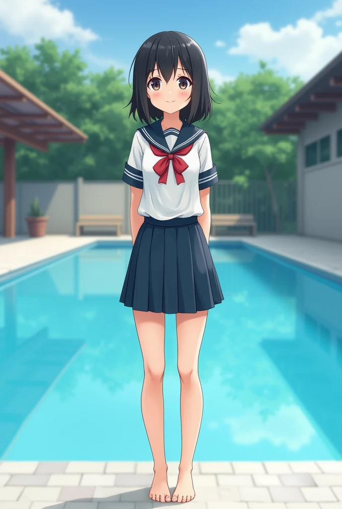 Standing by the empty school pool、middle School girls、Black short hair、Army summer uniform、Shaved pussy、barefoot、cute、smile、Full body portrait