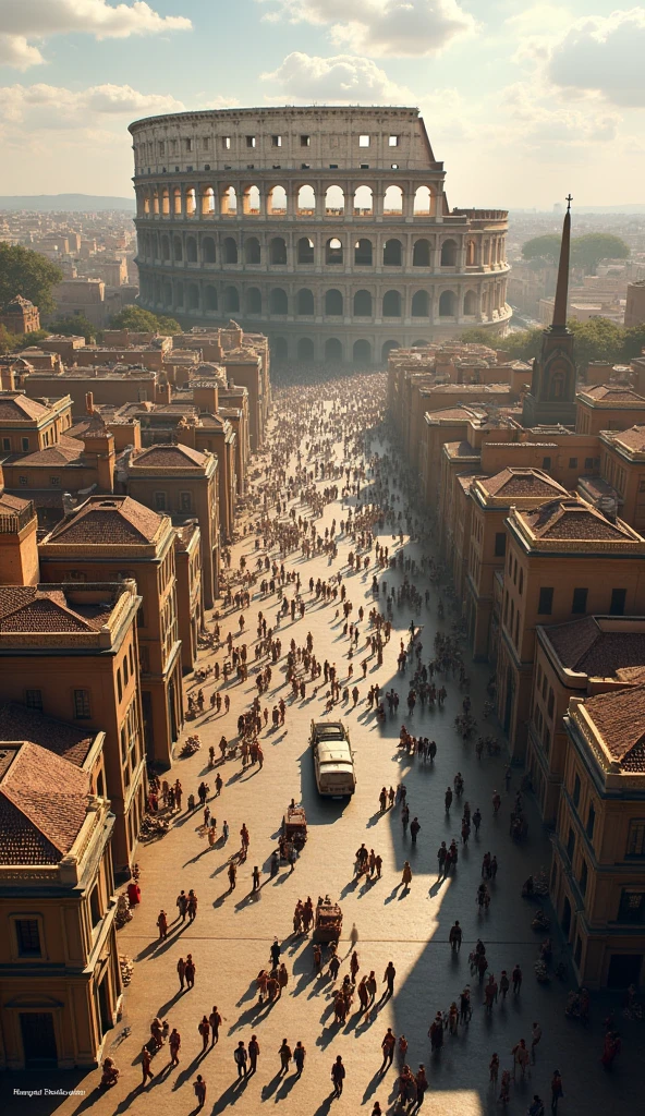 View of a large Roman city, showing the Colosseum and other historical buildings, people moving through the streets.