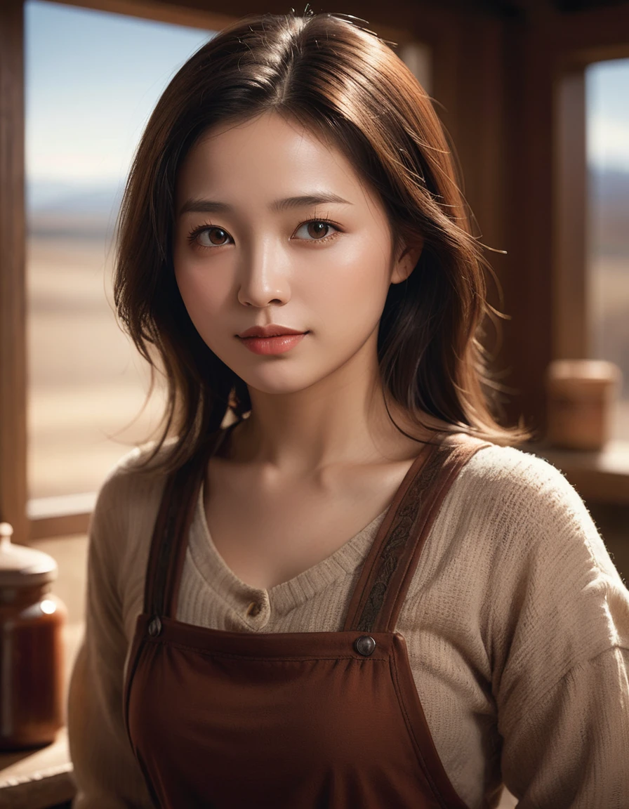 Girl, (art by Terry Redlin:0.7) , warm slope, Amazing woman spice trader, Depth of field 100 mm, beautiful,dynamic pose