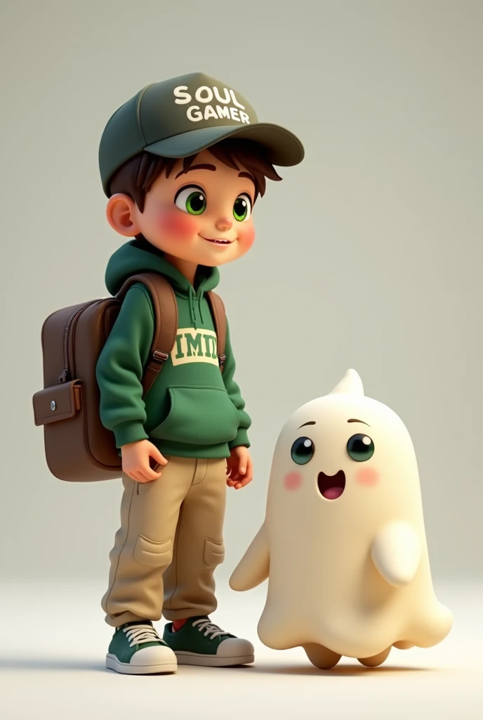 Character 1: Boy General Appearance:
kor: Approximately 14 to .
Height: mic, with childish proportions.
Facial expression: Friendly and smiling face, with big green eyes that convey a sense of curiosity and joy.
body hair e Acessórios:
body hair: body hairs curtos, brown and slightly disheveled, visible under the CAP.
cap: Unripe. The cap has a logo with the name "Soul Gamer"
vestimentas:
jaket: jaket verde com capuz, matching the cap. The symbol on the chest, next to the zipper, it's similar to what's on the cap.
pants: pants bege, loose and comfortable, falling on the sneakers.
tennis: Unripes, matching the jacket and cap, with white shoelaces tied tightly.
duffel bag: duffel bag marrom, functional in appearance, with adjustable straps that the boy can carry easily.
stance:
Posição do Farbepo: standing, with one hand holding one of the backpack straps, showing a confident and relaxed attitude.
Character 2: Ghost General Appearance:
forma: , rounded and without defined members, resembling a drop or sheet.
Facial expression: Big, black eyes with shine, conveying a friendly and cheerful expression. He has a small open mouth with a happy smile and flushed cheeks..
Farbepo:
Farbe: offwhite, with a smooth and slightly shiny texture.
motion: Floats in the air, next to the boy, as if you were accompanying him on an adventure.
tamanho:
Proportions: Smaller than the boy, reaching approximately the height of his shoulder, complementing your figure with a friendly and fun presence.
Background Environment:
Scenario: Plain, neutral gray background, highlighting the characters and allowing their interaction to be the main focus.