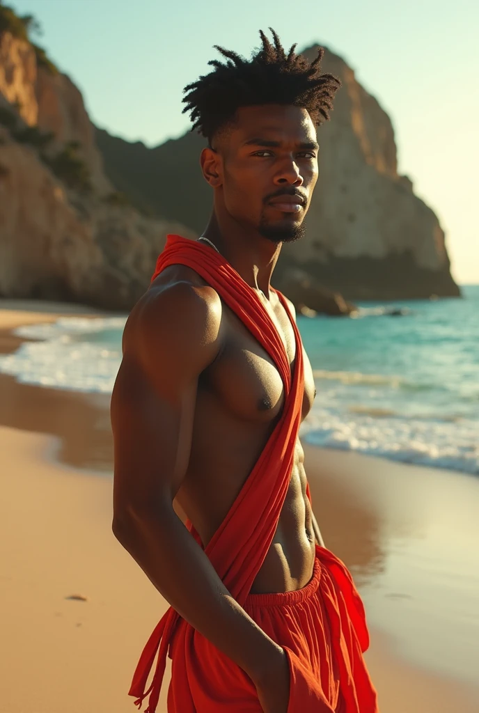 Create an avant-garde fashion scene featuring a male model with African descent, but with the features of David Gandy. The model is an athletic figure with a striking, masculine physique and a captivating presence, dressed in an experimental, artistic sunga suitable for a beach setting. The sunga should incorporate bold, non-traditional materials and striking, asymmetrical designs, blending avant-garde fashion with swimwear aesthetics. The setting is a stunning, pristine beach at sunset, with golden sands, clear turquoise waters, and dramatic coastal rock formations. The environment features a warm, ambient lighting that highlights the model's sunga and creates beautiful, soft shadows.
The composition should focus on the model, ensuring he is well-centered and fully visible within the 16x9 frame, from head to toe, emphasizing his powerful, elegant, and confident presence amidst the picturesque beach setting.
Filmed on ARRI ALEXA 65, Bokeh, sharp focus on the subject, shot by Don McCullin. The atmosphere should exude a sense of artistic expression, with the model embodying the essence of avant-garde fashion—daring, bold, and cutting-edge.
Keywords: beauty, model, elegance, glamour, fashion, stunning, radiant, chic, graceful, confident, striking, flawless, alluring, photogenic, sophisticated, enchanting, captivating, charismatic, runway, editorial, beauty standards, artistic, style, aesthetic, personality, portrait, beauty photography, professional model, fashionista, trendsetter.