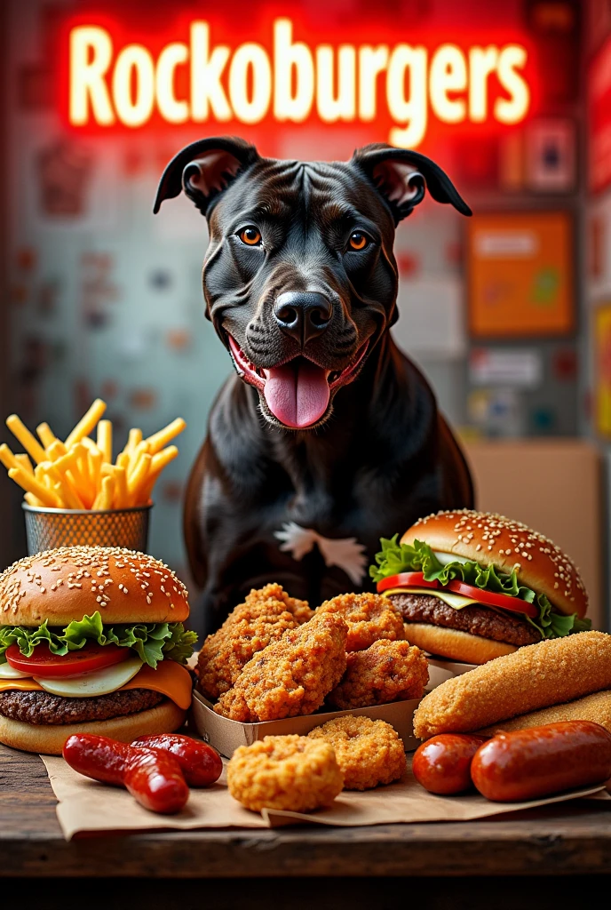 Generate a hamburger advertisement poster with the title Rockoburgers where the face of the company is a black pitbull dog offering hamburgers, hotdogs, nuggets, wings, French fries, sausages and potatoes in gajo