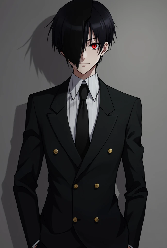 anime boy with short black hair pale skin and red eyes, a black double-breasted suit over a pinstripe dress shirt. a thin black tie that stays tight around his neck. Pointed toe shoes and black fingerless gloves. a white domino mask and the left side is dark. 
