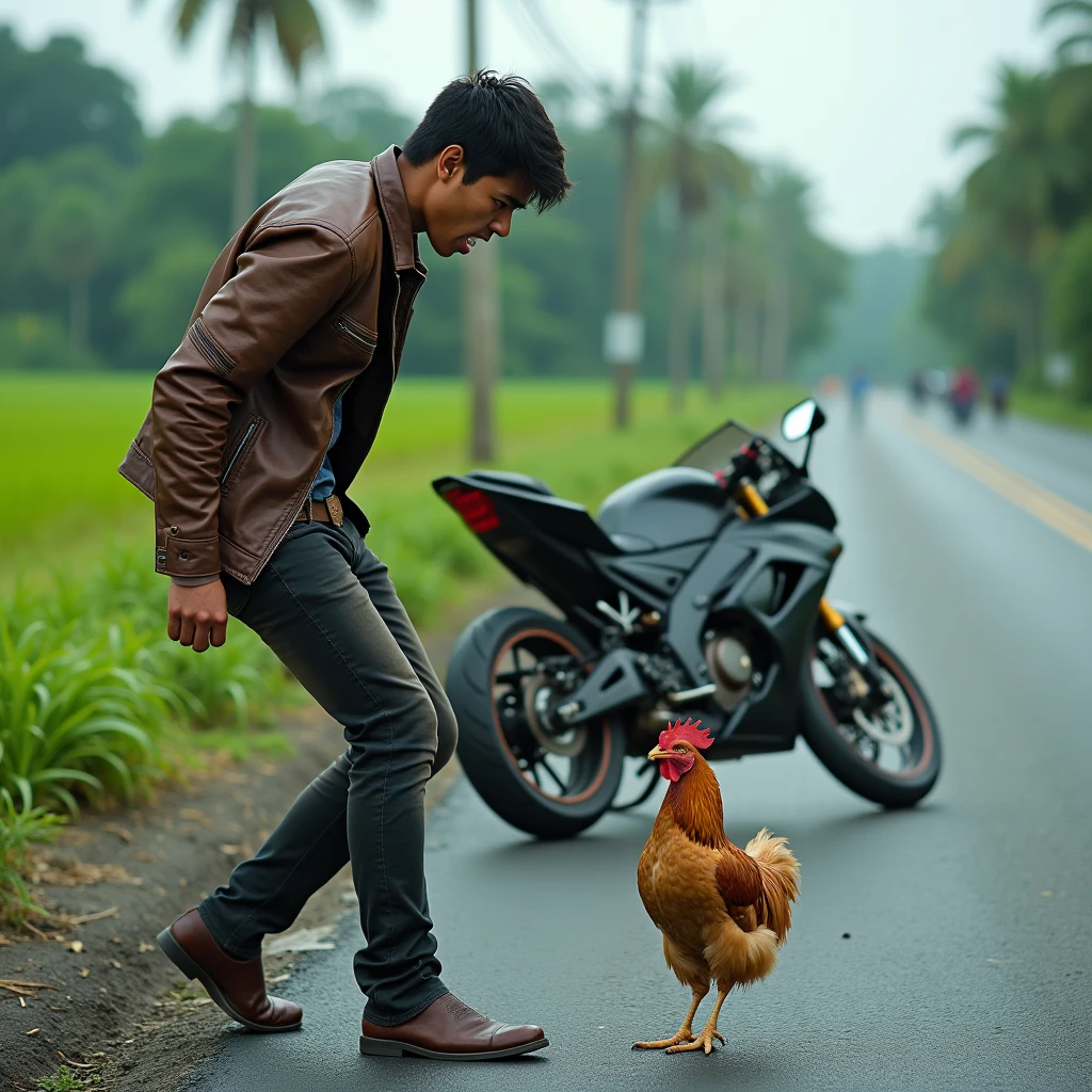 Real photo of young Indonesian man. wearing a torn leather jacket. wearing a helmet standing with a very angry expression kicking a chicken to death on the asphalt road at the edge of the rice field behind a sports motorbike that has fallen as if it had just had an accident on the side of the road. tampak sep Ultra-realistic 8K photograph, shot with a Leica Q2, strong color contrast and sharp clarity --ar 9:16 --quality 2 --