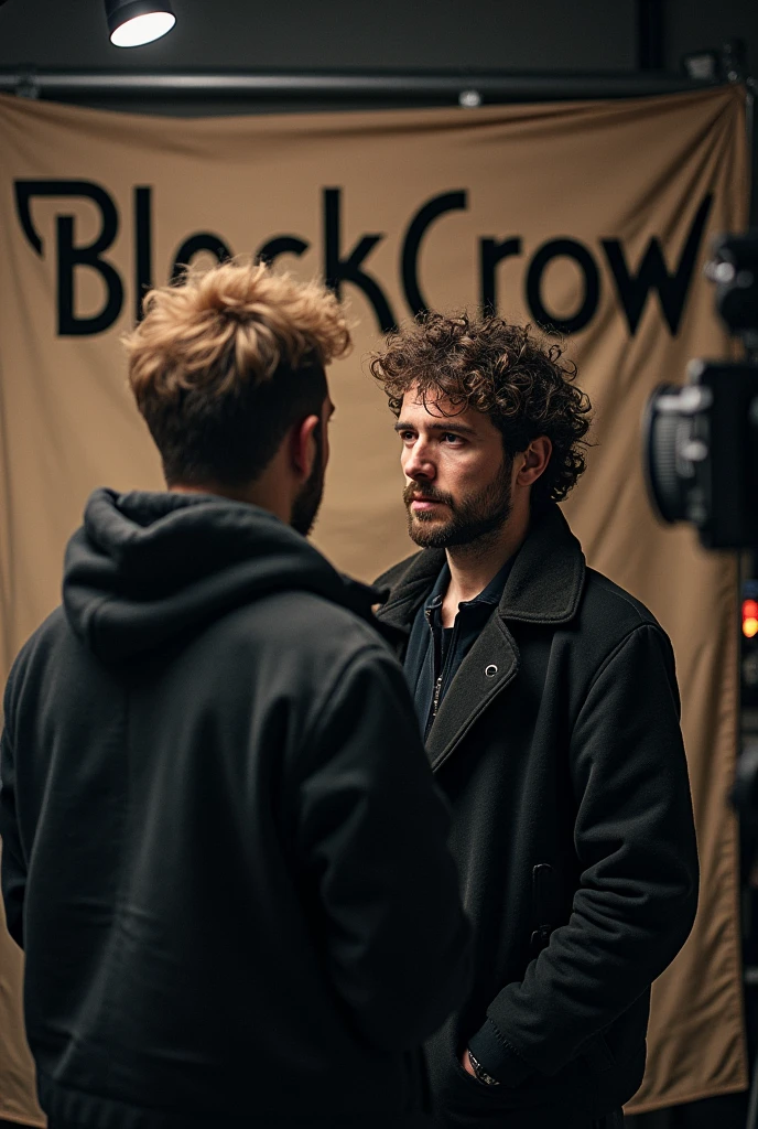 Photographic studio with 1 messy short curly hair man doing a photoshoot to a mans client. studios name is blackcrow in blackletter font