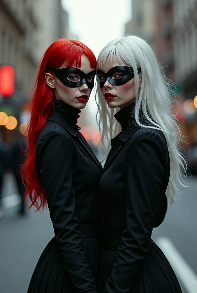 2 women wearing a red hair wig Lons and wearing white gloves and Lons with a mask who pretend to be a woman 