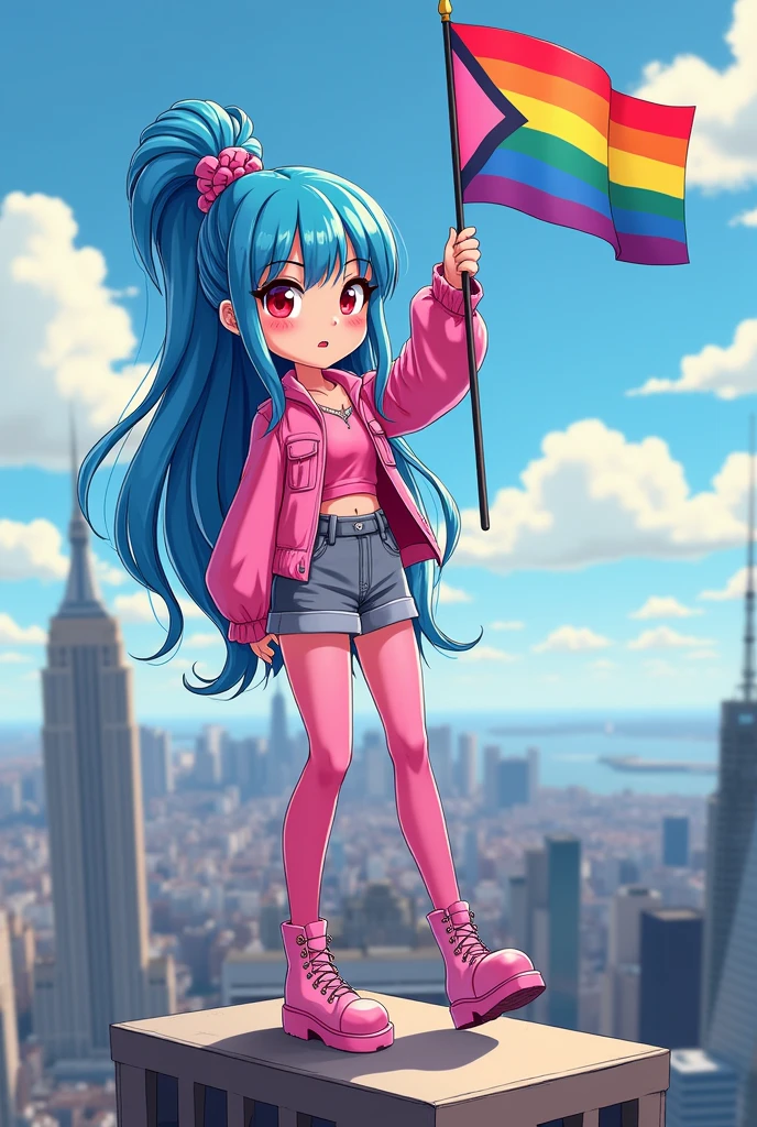 create a full body one the hair is long and tied up the color blue and pink highlights it is an emo outfit it is a pink sauto she will use red makeup it is a black look (create it in a cartoon style) She is on top of a building, she is holding a pansexual flag, she is wearing a short gray skirt and pink tights