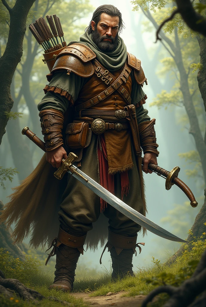 A  human hunter, of an RPG, peasant hero, with a short bow and a long sword, and a dagger, and dressed in leather armor, 