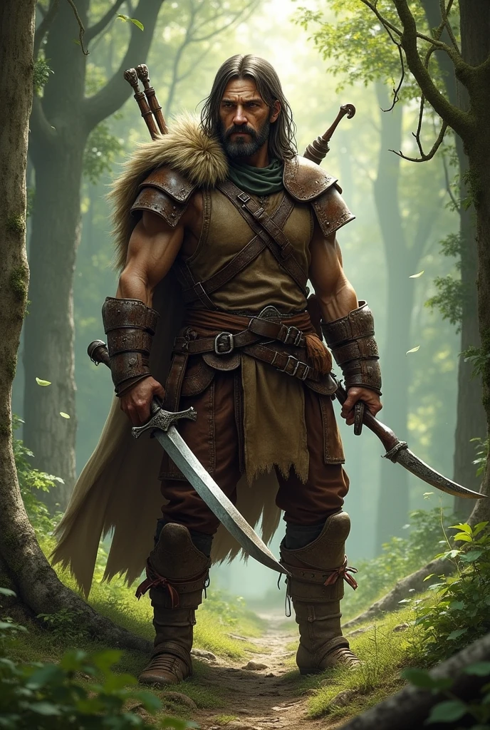 A  human hunter, of an RPG, peasant hero, with a short bow and a long sword, and a dagger, and dressed in leather armor, 