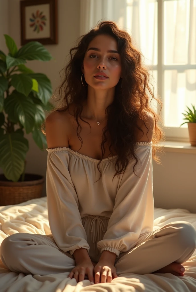 (photorealism:1.2), beautiful woman, sitting on bed, wearing loose off-shoulder top, pajama pants, long curly hair, indoors, soft lighting, plants in background, window with sunlight, cozy room, relaxed pose, realistic, intricate details, warm colors, by Greg Rutkowski, by Alphonse Mucha