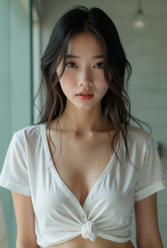 (Best quality, 8k, 32k, Masterpiece, UHD:1.2), NSFW, Korean girl, seductive face, sweating, wet white t-shirt, no bra, indoor, shower, water dripping, front lit, well-lit face, sexy pose, horny looking, wet panties, wet hair, nipple eroded from shirt