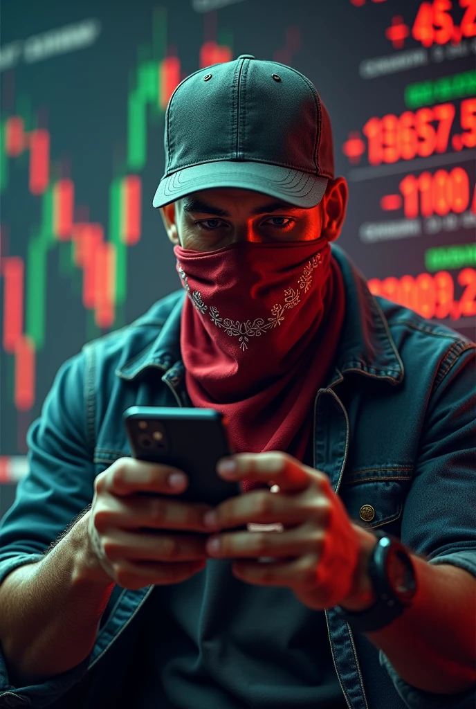 Create an image for trading. There is supposed to be a man in the picture. One wears a cap and a red bandana in his right hand. Should he wear a wonderful money. In the left hand should look at his mobile phone. In the picture you should see red and green candles in the background of the chart and behind that there should be +1500 $ Stand,  he should have a bandana on where you can&#39;t see him the guy should look aggressive