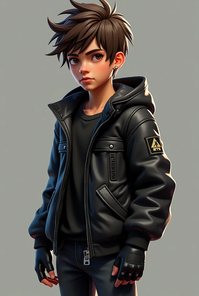 Fortnite skin, mexican boy, brown hair, brown eyes
black jacket, jeans, black gloves, head facing on side,