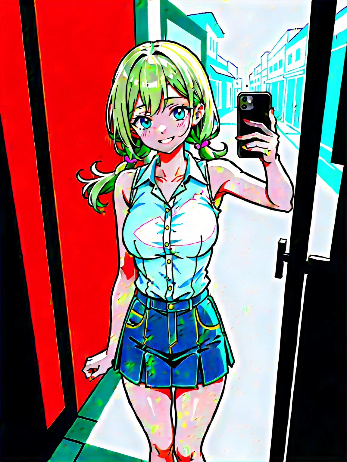 realistic anime illustration of pretty young damsel at Phuket old town, she is selfieing by her smartphone and making v-sign hands, smiling, she has a brown double braids (forehead), wearing beige sleeveless collared blouse, blue-gray denim pencil mini skirt, (1girl, solo, full body), (masterpiece, best quality, Japanese anime style), (expressive eyes, perfect face, perfect ???????)