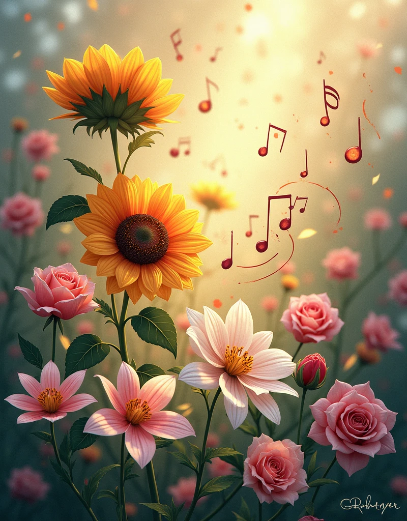 Generate a detailed description about the relationship between music notes and flowers. Explore the idea of how each musical note can evoke different emotions and imagery related to various types of flowers. Delve into the connection between the beauty of music and the beauty of blooming flowers, highlighting the similarities in their ability to captivate and inspire.