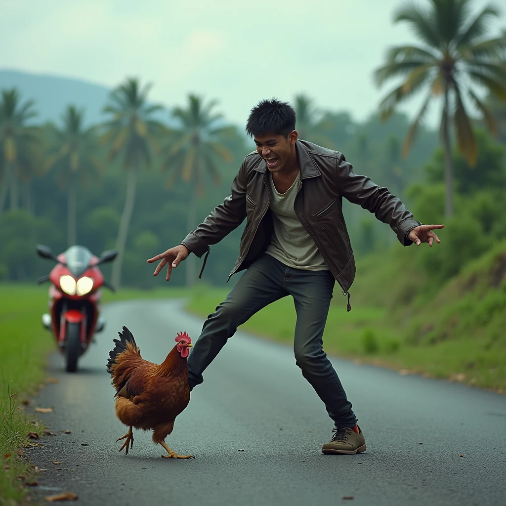 Real photo of young Indonesian man. wearing a torn leather jacket. wearing a helmet standing with a very angry expression kicking a chicken to death on the asphalt road at the edge of the rice field behind a sports motorbike that has fallen as if it had just had an accident on the side of the road. tampak sep Ultra-realistic 8K photograph, shot with a Leica Q2, strong color contrast and sharp clarity --ar 9:16 --quality 2 --