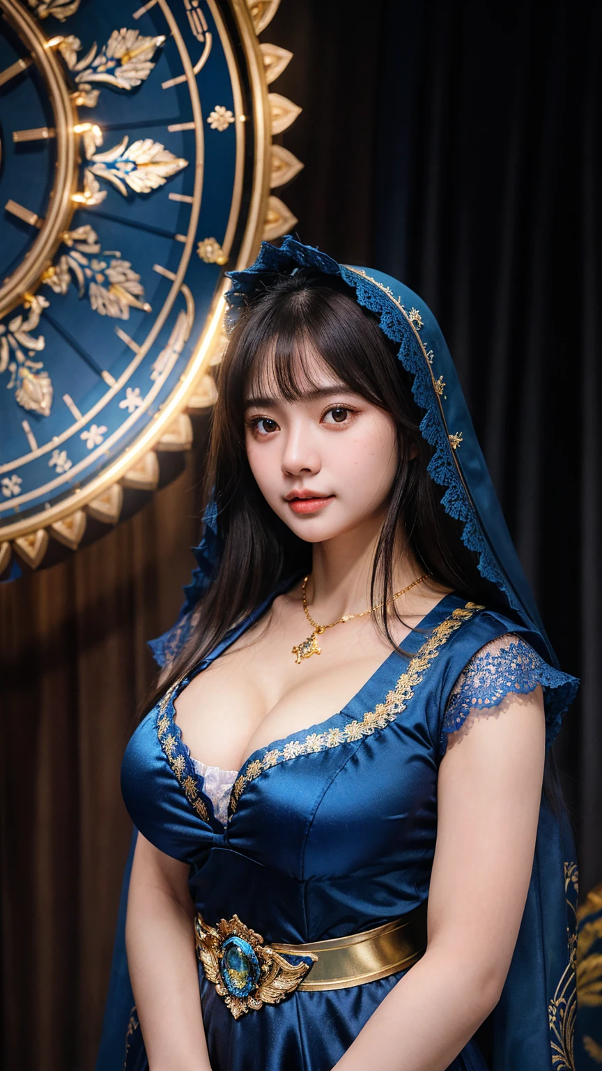 Gorgeus Girl, Beautiful, , 20 Years Old, White Skin, Large Colossal Breasts, Both Arms Open to The Side, (Blue-Gold Kebaya), Blue Indonesian Kebaya, Brown Retina, Muscles, Bokeh, Indonesian Culture Background, Masterpiece, Portrait, Straight Dark Hair, Perfect Lighting, HDR, ((Blue-Gold Coloured)), Lace Cloak