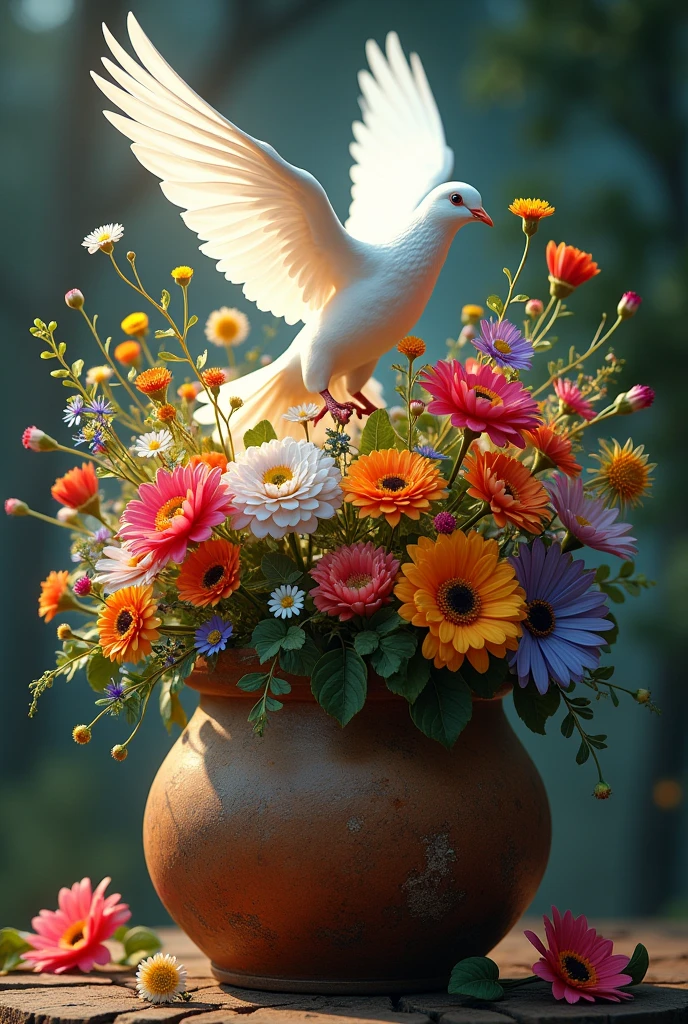 Rustic clay pot with too many flowers of all kinds and colors and a white dove full of light flying with air and fire mixed with the flowers