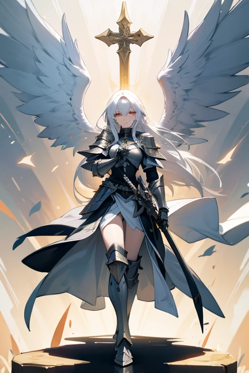 tall and thin woman, skin fair, long white hair down to her feet, has four big angel wings, Paladin, holding large sword with hands, golden eyes with a cross in their iris, wearing heavy armor, field of battle, judging look,