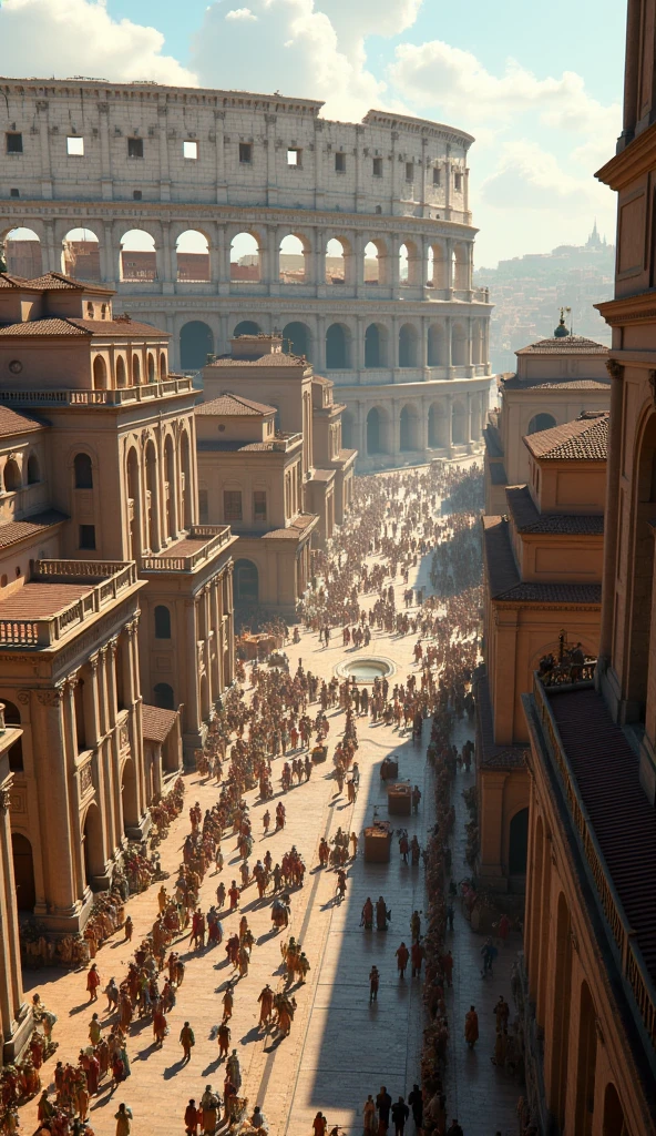 View of a large Roman city, showing the Colosseum and other historical buildings, people moving through the streets.