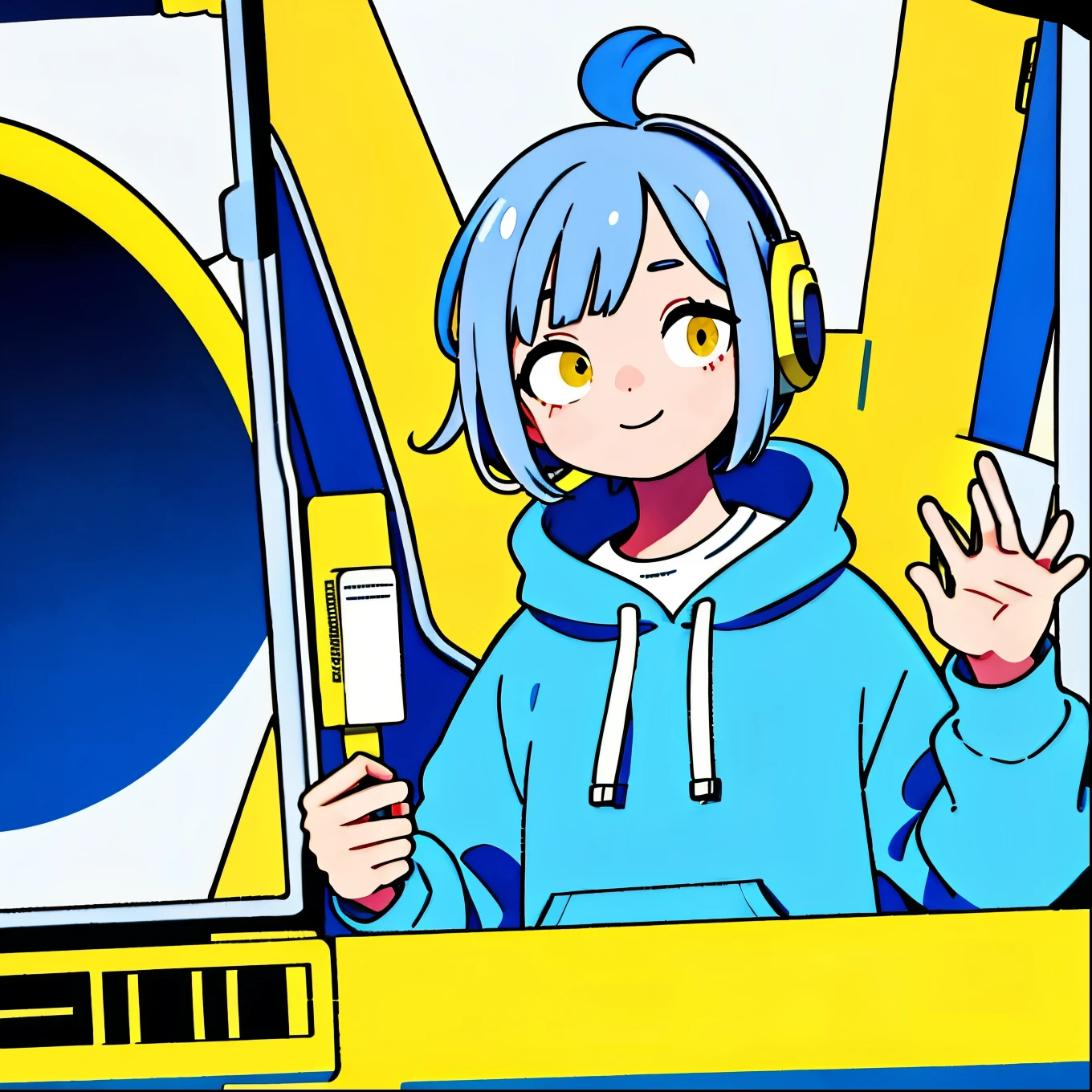 Mash Hair Short Hair Blue hair Wearing a blue hoodie I'm wearing headphones 1 male Nice smile Yellow irises Narrow eyes cheeks are white The whole body is shown Looking into the distance Waving one hand up The whole body is on camera Two-headed character Yellow eyes Aggressive pose Floating in the air alone