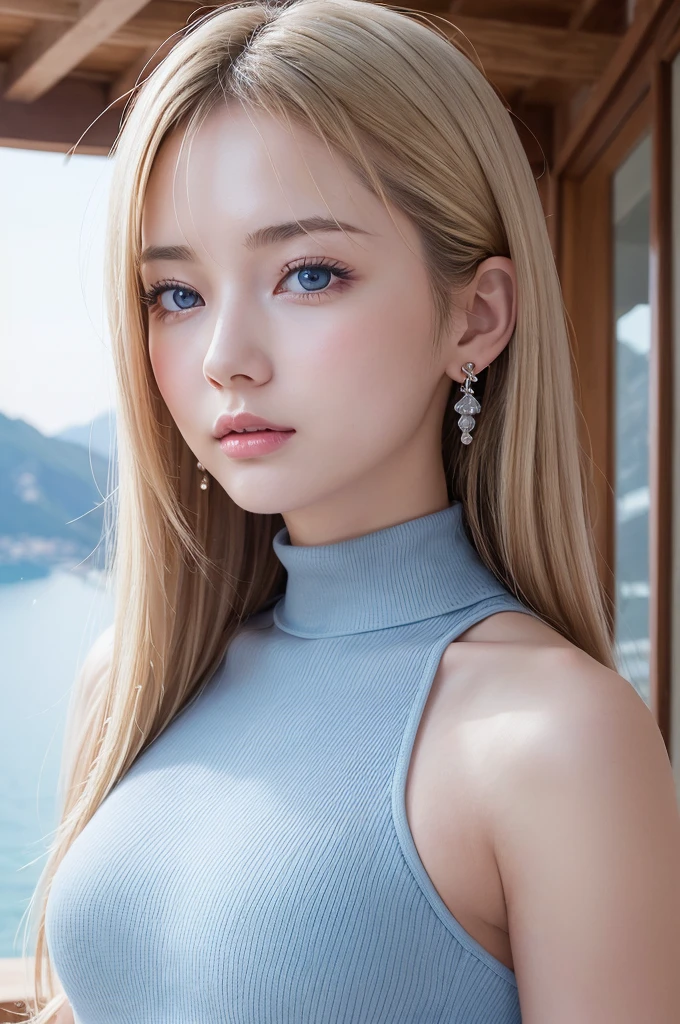 ((Highest quality)), ((masterpiece)), (detailed), (Gorgeous hair with vertical rolls), (Blonde), (Beautiful well-groomed woman:1.3), (earrings), (pointy breasts:1.3), covered nipples, white sleeveless turtleneck dress with a ribbed texture and a bodycon fit, (snowy white skin), (Blushed:1.3), upper body, from side, (put index finger on mouth:1.1), ((secret)), Half-open mouth, Shiny skin、wetty lips, Thin eyebrows、(Blue eyes:1.1), girl,独奏,highly detailed beautiful face and eyes, Warm sunlight, A girl stands with the view of Amalfi
